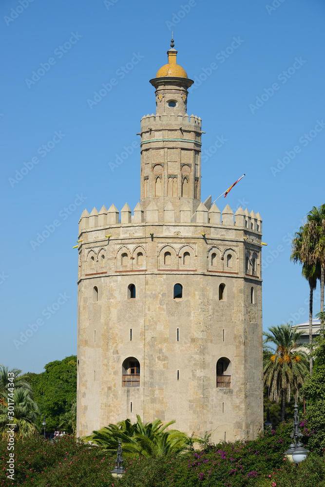 Stunning view of the Torre del Oro in the city of Sevilla, Andalusia, Spain