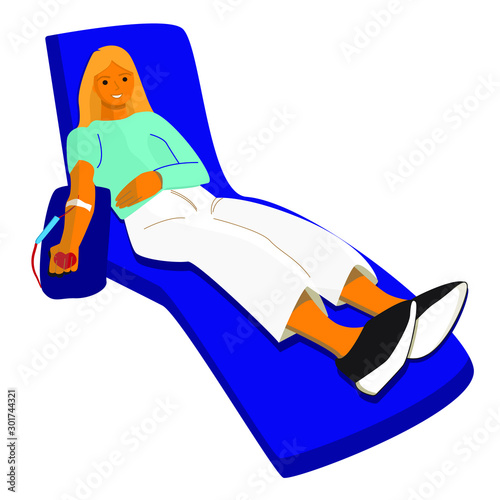 Vector illustration of a donor character. A female blood donor is in a medical chair and donates blood.  Blood donation concept design illustration.