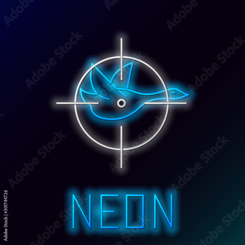 Blue glowing neon line Hunt on duck with crosshairs icon isolated on black background. Hunting club logo with duck and target. Rifle lens aiming a duck. Colorful outline concept. Vector Illustration