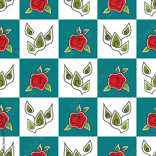 Vector Red Roses with Green Leaves on Green and White Squares Seamless Repeat Pattern. Background for textiles, cards, manufacturing, wallpapers, print, gift wrap and scrapbooking.