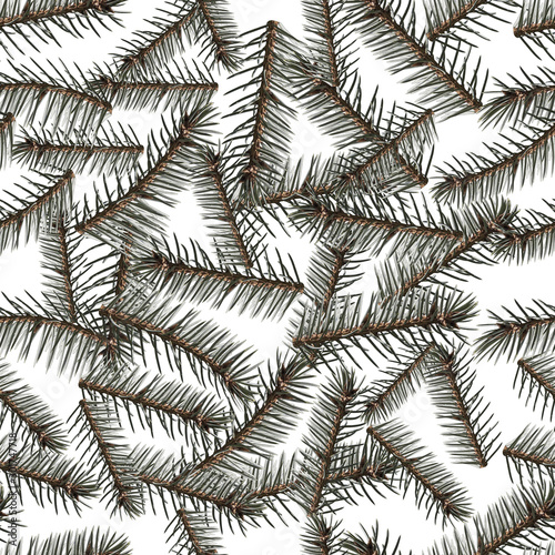 Seamless pattern texture of brown twigs of a fir-tree with green spruce needles for New Year or Christmas decoration isolated on a white background
