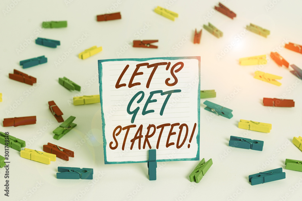 Handwriting text Let S Is Get Started. Conceptual photo to begin doing or working on something you had started Colored clothespin papers empty reminder white floor background office Handwriting text Let S Is Get Started. Conceptual photo to begin doing or working on something you had started Colored clothespin papers empty reminder white floor background office