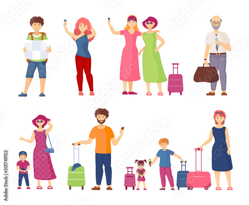 Travel group old and young couple with luggage traveling in summer vacation, people with maps traveling, backpacks and bags, suitcases, taking selfies ready to go on a trip cartoon vector illustration