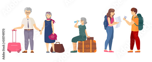 Travel group old and young couple with luggage traveling in summer vacation, people with maps traveling, backpacks and bags, suitcases, taking selfies ready to go on a trip cartoon vector illustration