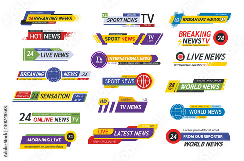 TV title news bar logos, news feeds, television, radio channels. Banner of live television broadcast media title, streaming show news sport channel media tv bar vector isolated