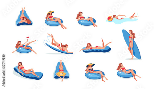 Young woman swimming set. Lady swimming on inflatable ring, air mattress boat. Floating woman reading a book, taking a selfie, listening to music, learning to surf, working freelancer cartoon vector