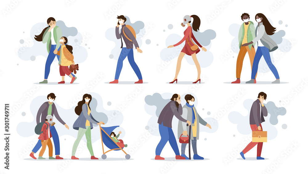 Group people family elderly character choking on dust wearing protective face masks gas walking along dusty polluted street.Pollution environmental of smoking pipes factories, industry smoke smog