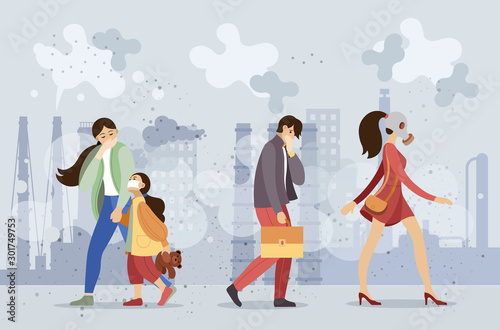 Group people choking on dust wearing protective face masks gas walking along dusty polluted street on the background of smoking pipes of factories, industry smoke, smog. Pollution environmental vector