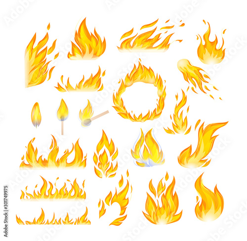 Realistic fire flames set. Flames red and orange hot flaming heat explosion cartoon, hot flame energy, fire animation vector illustration