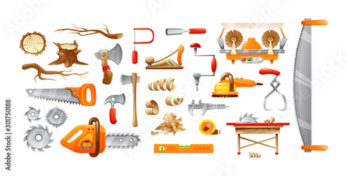 Lumberjack equipment, woodcutter cutting tools set. Carpentry, woodworkers, sawmill, lumberjack hand electric tools cartoon vector illustration