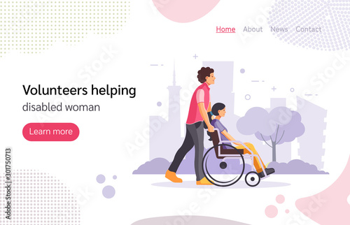 Volunteers helping disabled woman. Volunteer man walking in park with girl disabled in wheelchair. Help disabled people, young social worker care about invalid. International Volunteer Day vector