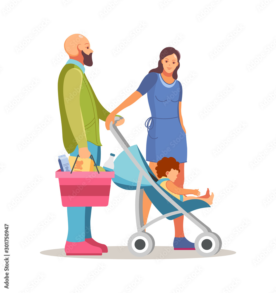Happy family father, mother and baby shopping in supermarket Happy family father, mother and baby shopping in supermarket