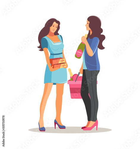 Two woman girlfriends together shopping in supermarket