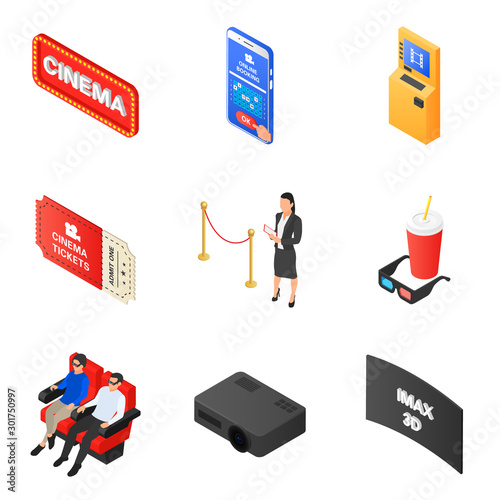 Set of icons on the theme of cinema. Booking, buying and checking tickets. Food and interior elements in the cinema.