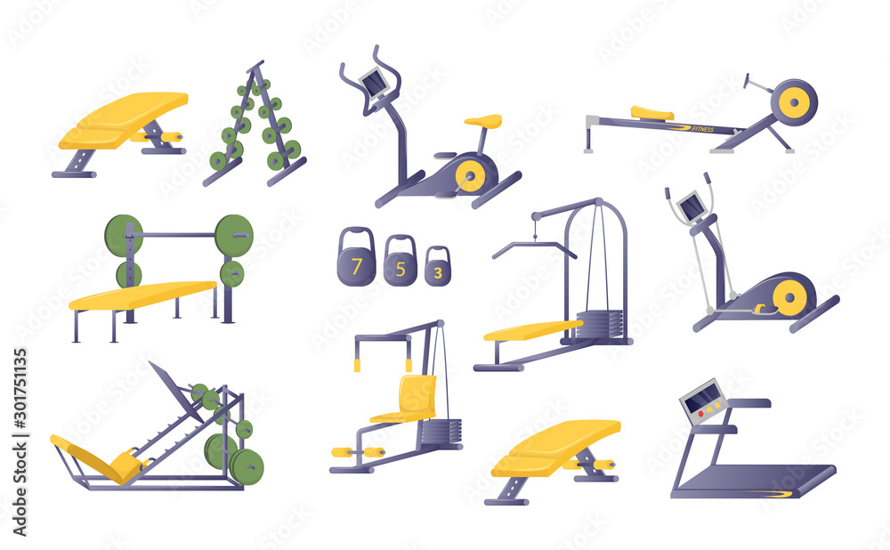 Equipment, simulators, for club gym. Machines for body workout, Crossfit, treadmill, elliptical machine, rowing machine, exercises with weights. Equipment for active healthy lifestyle cartoon vector
