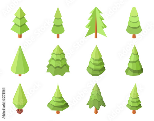 Set of isolated polygonal conifers on white background.