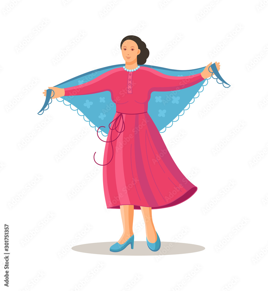 Old dancing people. Elderly woman in traditional national costume is dancing with shawl on her shoulders. Happy active elderly pensioner woman on music party. Dancer grandmother cartoon vector Old dancing people. Elderly woman in traditional national costume is dancing with shawl on her shoulders. Happy active elderly pensioner woman on music party. Dancer grandmother cartoon vector