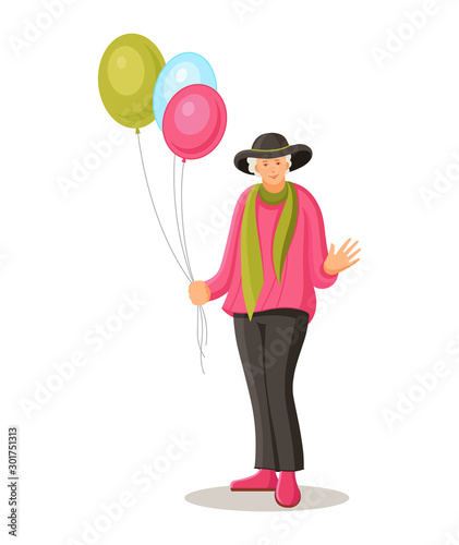 Old dancing people. Elderly woman dancing a gentle dance with balls in hand. Happy active elderly pensioner woman on music party. Dancer grandmother cartoon vector illustration.