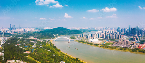 Aerial view of  Nanning city GuangXi province,china .Panoramic skyline and buildings beside Yongjiang river. photo