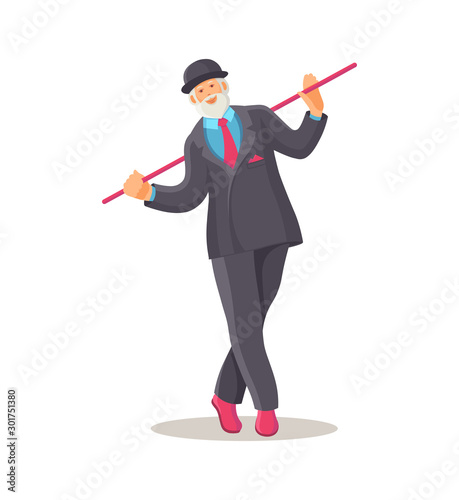 Old dancing people. Imposing elderly man senior age person dancer dancing tap dance. Happy active elderly pensioner in costume on music party cartoon vector illustration