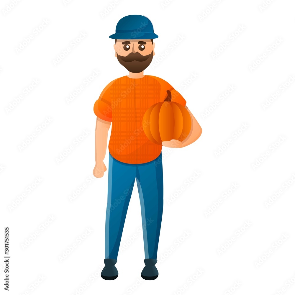 Farmer with pumpkin icon. Cartoon of farmer with pumpkin vector icon for web design isolated on white background