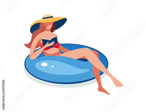 Young woman swimming inflatable ring rest, woman reading book cartoon vector illustration. Swimming in the pool, education, leisure and learning concept