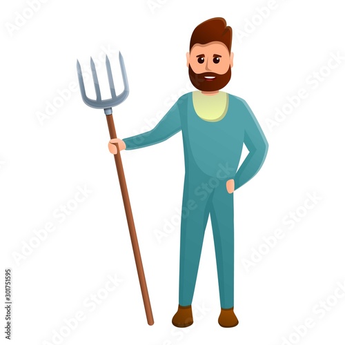 Farmer with fork icon. Cartoon of farmer with fork vector icon for web design isolated on white background