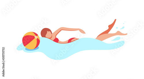 Young woman swims in the pool. Rest, resting, relaxing cartoon vector illustration. Swimming in the pool, summer trip, water treatments concept cartoon vector illustration