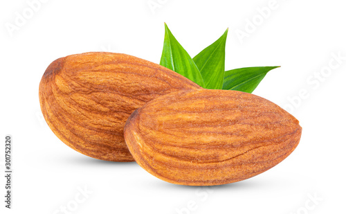 almonds with leaf isolated on white background close up. macro shot