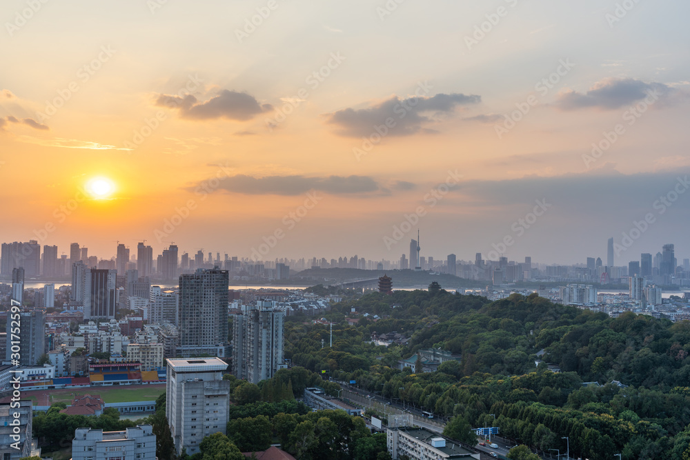Aerial view of  Wuhan city .Panoramic skyline and buildings beside yangtze river.
