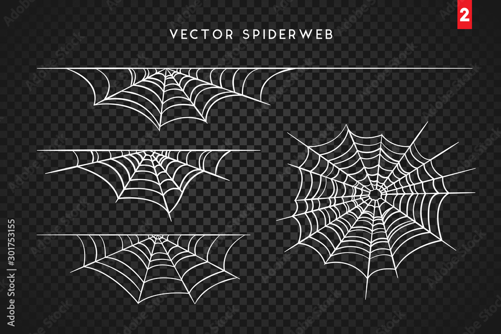 Cobweb set for Halloween design, isolated on dark transparency background. Vector illustration