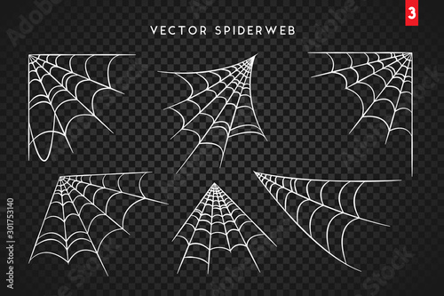 Cobweb set for Halloween design, isolated on dark transparency background. Vector illustration