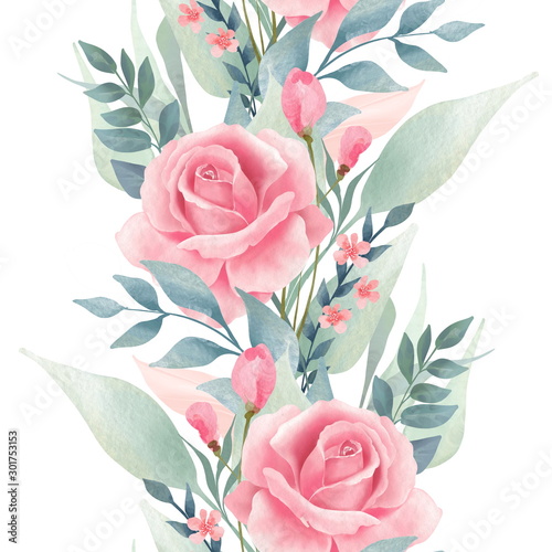 Floral seamless border. Watercolor flowers vertical pattern. Seamless backgro...