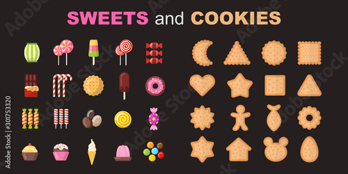Set of sweet food icons. Candy sweets lollipop cake donut macaroon cookie jelly.