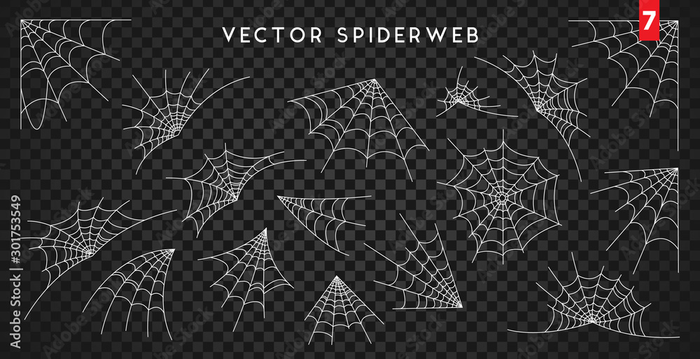 Cobweb set for Halloween design, isolated on dark transparency background. Vector illustration