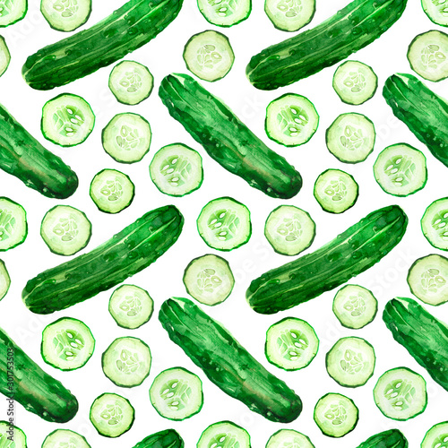 Watercolor illustration of green cucumber vegetable pattern with slices