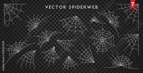 Obraz na płótnie Cobweb set for Halloween design, isolated on dark transparency background. Vector illustration w salonie