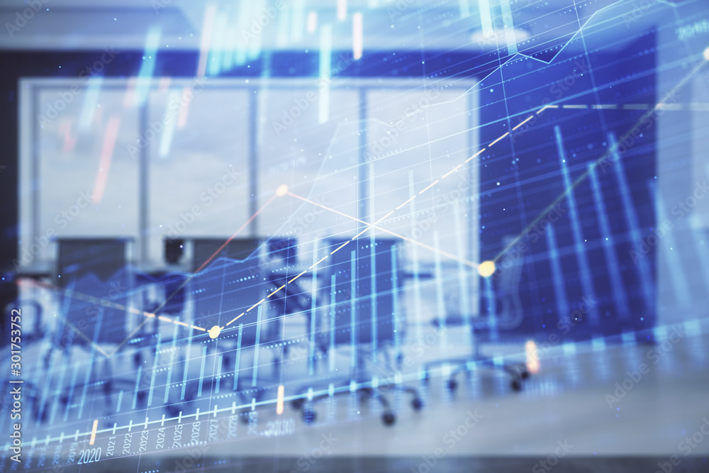 Double exposure of forex chart on conference room background. Concept of stock market analysis Double exposure of forex chart on conference room background. Concept of stock market analysis