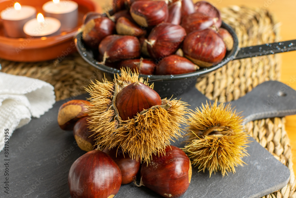 roasted chestnuts rag white black table stone roasted chestnuts rag white black table stone