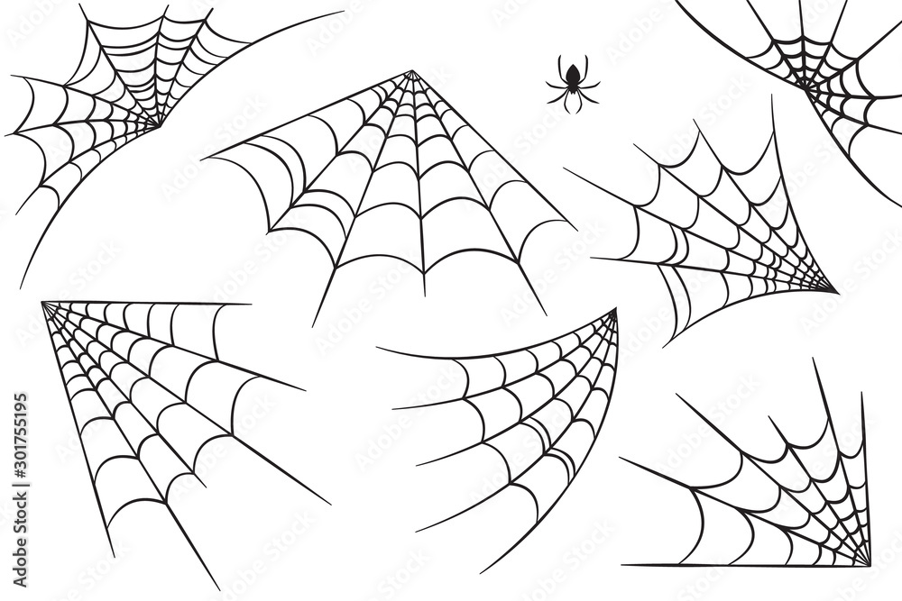 Cobweb set for Halloween design, isolated on black background. Vector illustration