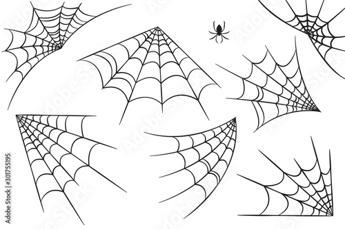 Obraz na płótnie Cobweb set for Halloween design, isolated on black background. Vector illustration w salonie