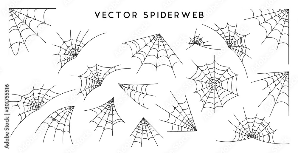 Cobweb set for Halloween design, isolated on black background. Vector illustration