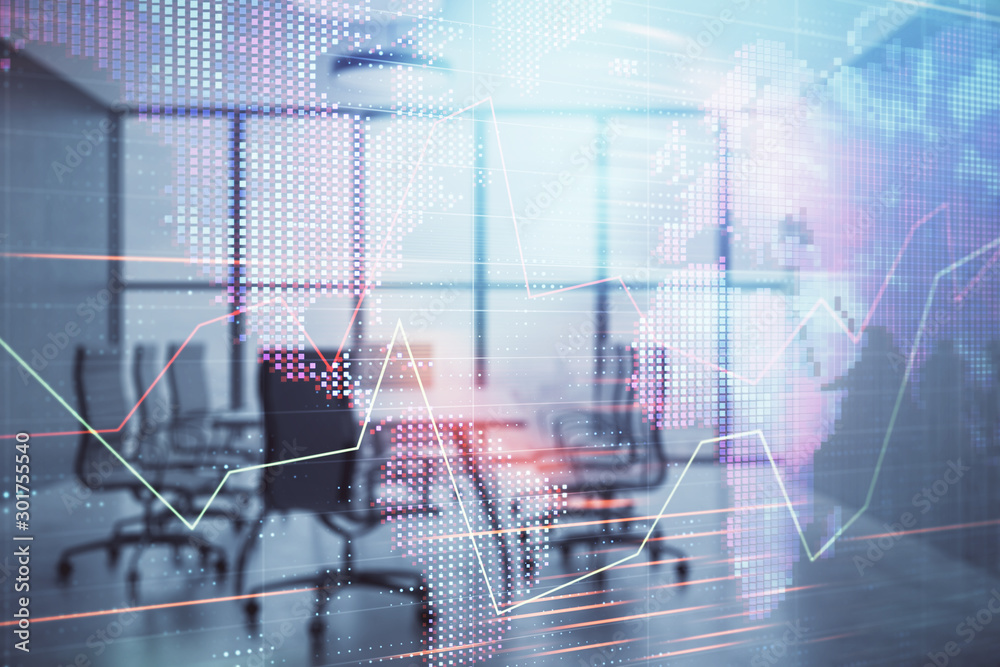 Double exposure of stock market graph with globe hologram on conference room background. Concept of international finance Double exposure of stock market graph with globe hologram on conference room background. Concept of international finance