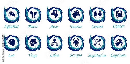 Set of twelve signs of the zodiac on the background of a snow circles. Prediction of the future. Vector illustration. Isolated on white background