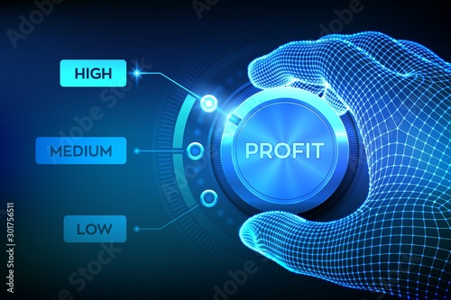 Profit levels knob button. Increasing Profit Level. Wireframe hand setting profit button on highest position. Finance concept illustration of profitability or return on investment. Vector illustration