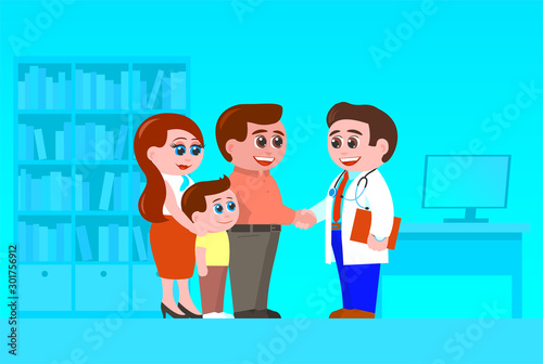 The family meets a doctor in his office. Father shakes hands with a man pediatrician in a white coat. Mother and son are standing nearby. Everyone is smiling. Cartoon vector illustration.