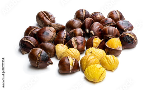 Roasted chestnut isolated on white photo