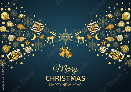 New Year holidays greeting card. Christmas holiday invitation. Ornament with snowflakes. Vector illustration sketch christmas party invitation with toys.
