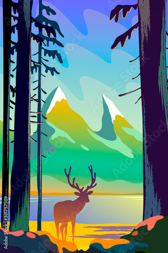 Beautiful spring landscape flat design concept. Deer standing in the forest on a background of mountains. Wild nature vector illustration. © romanya
