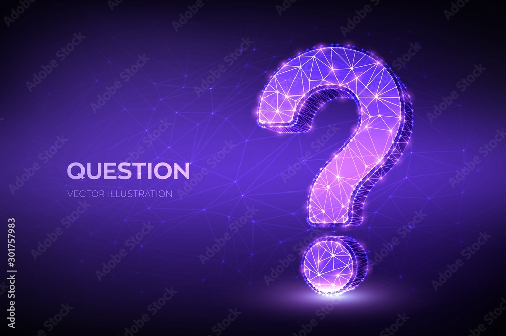 Question mark. Low poly abstract Question sign. Ask symbol. Help support, faq problem symbol, think education concept, confusion search illustration or background. 3D polygonal vector illustration. - obrazy, fototapety, plakaty 